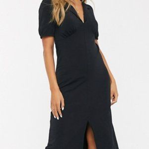 Black Midi Dress with Collar and Open Slit